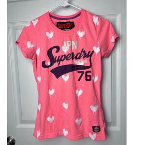 Superdry Sportswear Hot Pink Hearts Crewneck T-Shirt Women's Size Small